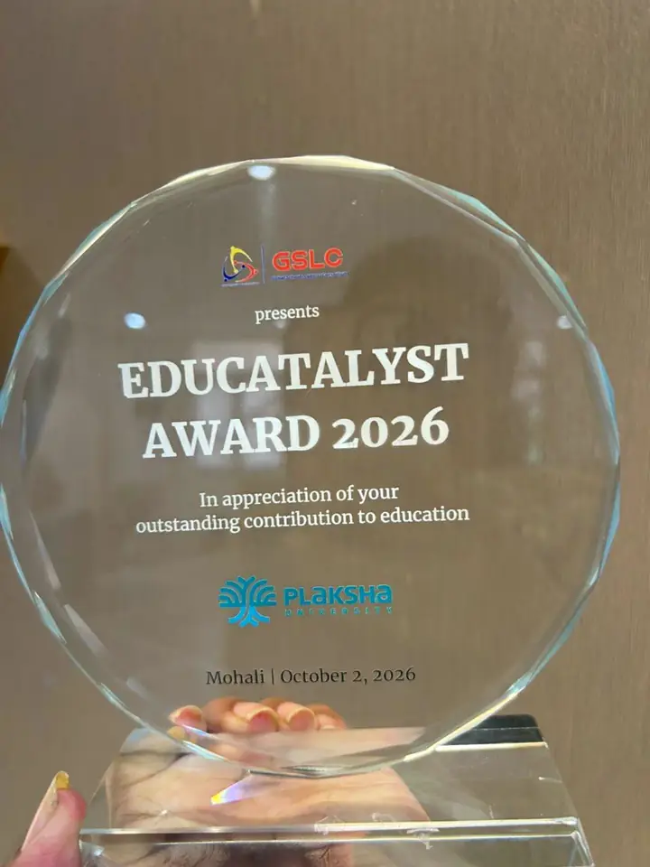 The glass EduCatalyst Award 2026 trophy from GSLC and Plaksha University, Mohali, 2 October 2026